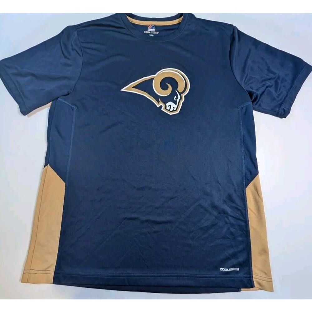 Los Angeles Rams Men Activewear Shirt Large Blue Logo Majestic Coolbase Tee